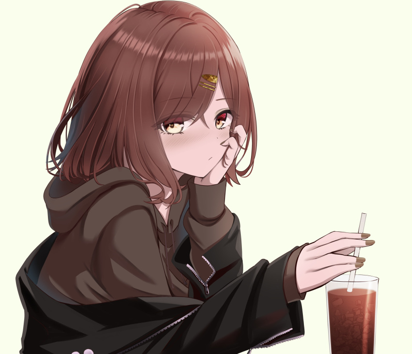 1girl absurdres bangs black_jacket brown_hair brown_hoodie brown_nails cup drinking_glass drinking_straw eyebrows_visible_through_hair fingernails hair_ornament hairclip hand_on_own_cheek hand_on_own_face highres higuchi_madoka hood hood_down hoodie ice ice_cube iced_tea idolmaster idolmaster_shiny_colors jacket long_fingernails long_sleeves looking_at_viewer nail_polish off_shoulder open_clothes open_jacket ryouta_(ryouta335) short_hair simple_background solo upper_body yellow_background yellow_eyes zipper zipper_pull_tab