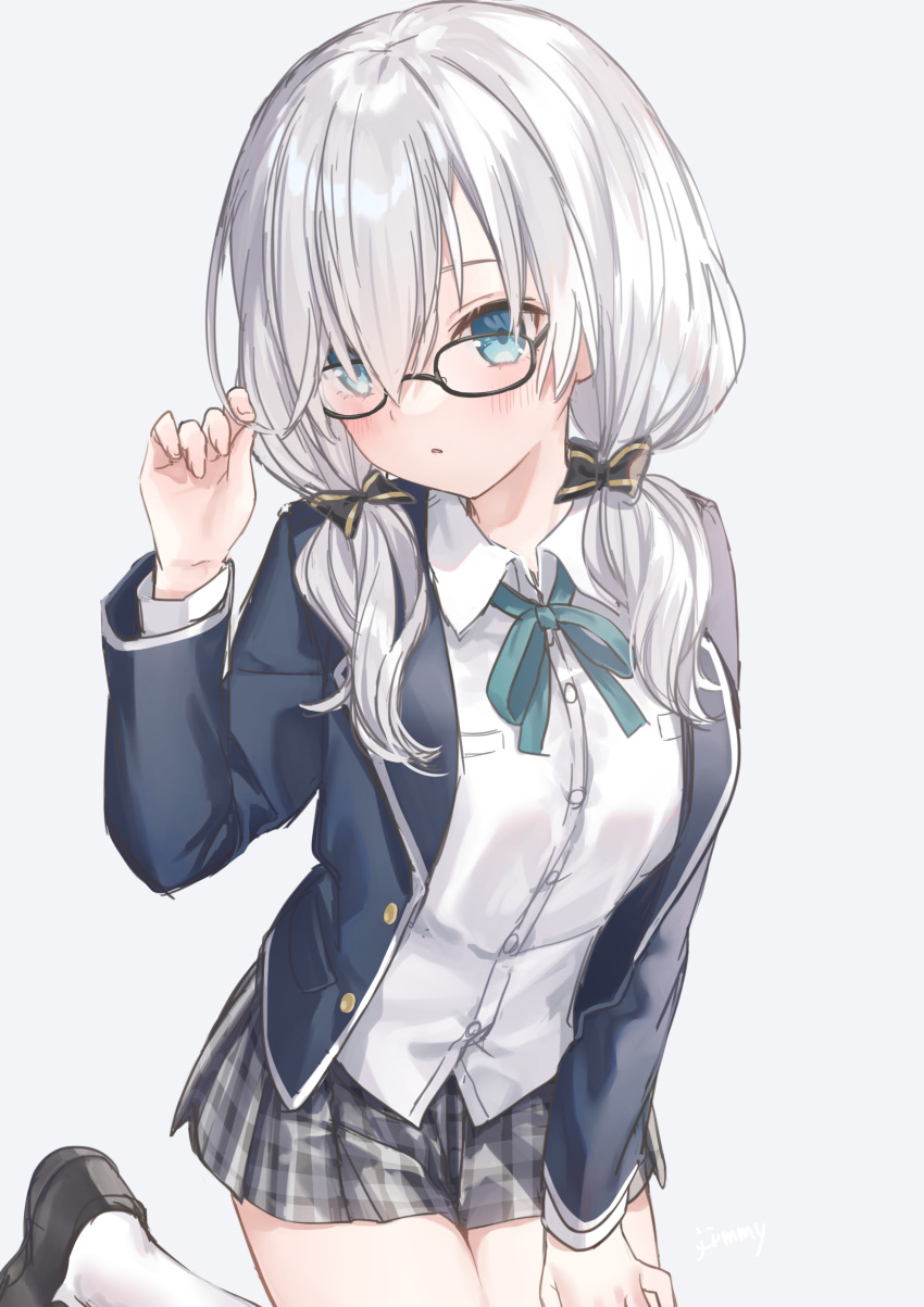 1girl absurdres ars_almal black-framed_eyewear black_jacket blazer blue_eyes buttons collared_shirt cowboy_shot dress_shirt glasses grey_skirt hair_over_shoulder hand_on_own_thigh hand_up highres jacket jimmy_madomagi loafers long_hair long_sleeves looking_at_viewer low_twintails miniskirt neck_ribbon nijisanji open_clothes open_jacket parted_lips plaid plaid_skirt pleated_skirt ribbon shirt shoes silver_hair simple_background skirt socks solo twintails virtual_youtuber white_background white_legwear white_shirt