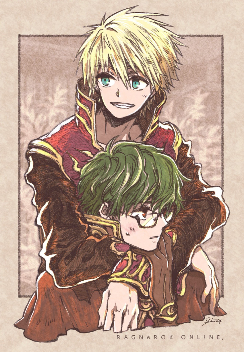 2boys arms_around_neck bangs beige_border black-framed_eyewear black_coat blonde_hair blue_eyes border brown_capelet coat commentary_request copyright_name cover cover_page doujin_cover glasses green_hair highres ichimi_(simtysiger) long_sleeves looking_to_the_side male_focus multiple_boys open_mouth plant priest_(ragnarok_online) ragnarok_online red_coat red_eyes semi-rimless_eyewear sepia_background short_hair signature sweatdrop teeth two-tone_coat under-rim_eyewear upper_body wizard_(ragnarok_online)