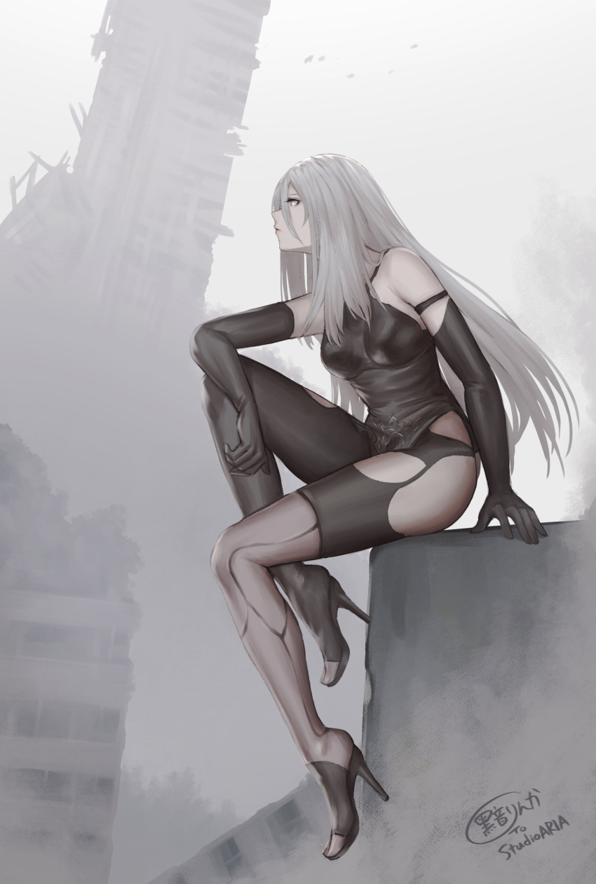 1girl absurdres android black_gloves elbow_gloves gloves high_heels highres joints legs long_hair looking_away nier_(series) nier_automata nyatokanyaru robot_joints rubble signature sitting solo yorha_type_a_no._2