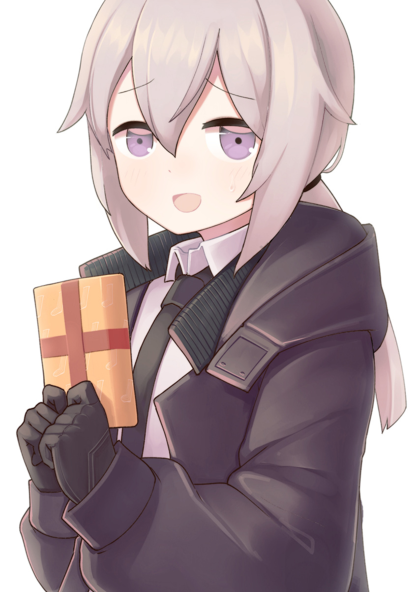 1girl black_gloves blush eyebrows_visible_through_hair gift gloves grey_eyes grey_hair highres holding holding_gift jacy long_hair looking_at_viewer open_mouth original ponytail smile solo upper_body