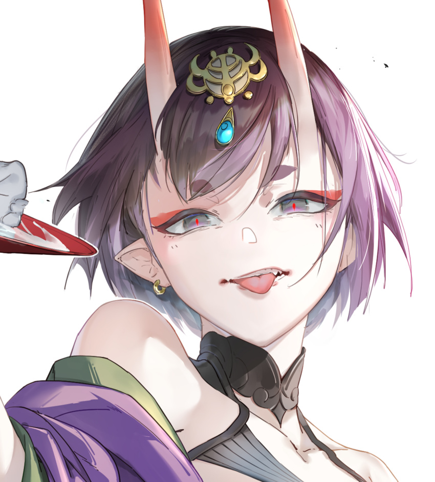 1girl absurdres alcohol bare_shoulders black_eyes collarbone cropped cup earrings eyebrows_visible_through_hair eyeshadow face fate/grand_order fate_(series) highres horns jewelry joehongtee makeup oni_horns purple_hair red_eyeshadow red_pupils sakazuki sake short_eyebrows short_hair shuten_douji_(fate/grand_order) simple_background single_earring solo teeth tongue tongue_out upper_body upper_teeth white_background