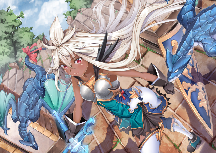 1girl ahoge armor armored_dress ayase_tamaki bare_shoulders blue_dress blue_sky boots bow breastplate day dragon dress dutch_angle granblue_fantasy hair_between_eyes holding holding_sword holding_weapon outdoors red_bow red_eyes shield short_dress sky solo sword tail tail_bow tail_ornament weapon white_hair zooey_(granblue_fantasy)