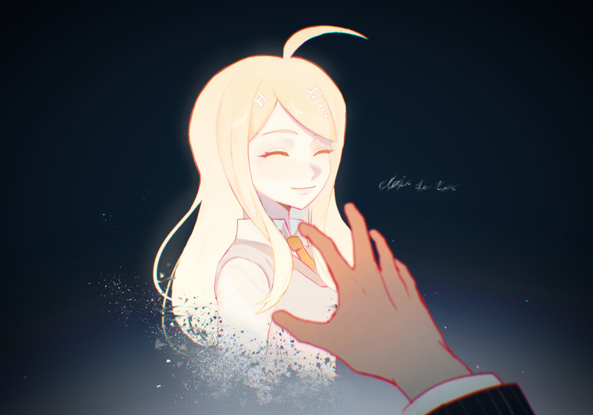 1boy 1girl ahoge akamatsu_kaede akiko_141 bangs beamed_eighth_notes blonde_hair breasts closed_eyes collared_shirt dangan_ronpa_(series) dangan_ronpa_v3:_killing_harmony dark_background eighth_note from_side gradient gradient_background hair_ornament highres light long_hair long_sleeves looking_at_viewer medium_breasts musical_note musical_note_hair_ornament necktie pov pov_hands saihara_shuuichi shirt smile solo_focus spoilers striped sweater_vest swept_bangs translation_request upper_body white_shirt