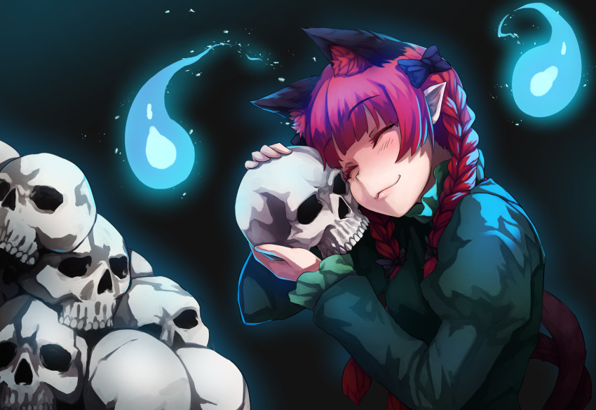 1girl animal_ears arms_up bangs black_background blunt_bangs braid cat_ears cat_tail closed_eyes commentary dress extra_ears eyebrows_visible_through_hair green_dress hair_ribbon head_tilt highres hitodama holding holding_skull juliet_sleeves kaenbyou_rin ldl_(bcw1025) long_sleeves multiple_tails pile_of_skulls pointy_ears puffy_sleeves redhead ribbon short_hair skull smile solo standing tail touhou twin_braids upper_body