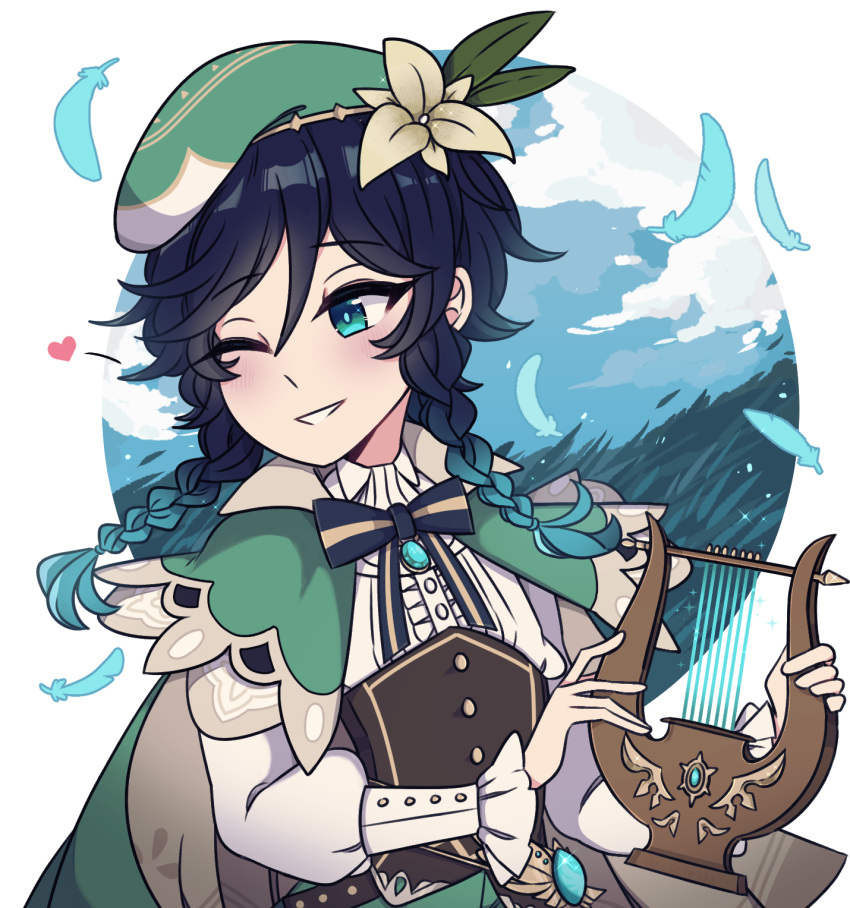 1boy aviciella black_hair blue_hair blush bow braid cape clouds cloudy_sky eyebrows_visible_through_hair feathers flower frilled_sleeves frills gem genshin_impact gradient_hair grass green_eyes green_headwear hair_flower hair_ornament hat heart highres holding holding_instrument instrument jewelry leaf long_sleeves looking_to_the_side lyre male_focus multicolored_hair one_eye_closed open_mouth otoko_no_ko ribbon sky smile solo twin_braids venti_(genshin_impact) vision_(genshin_impact) white_flower