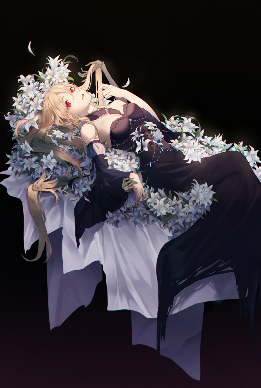 1girl absurdres arahe bangs bare_shoulders blonde_hair breasts detached_sleeves dress eyebrows flower hair_between_eyes highres huge_filesize jewelry lily_(flower) long_hair long_sleeves lying necklace on_back original parted_lips red_eyes skeleton