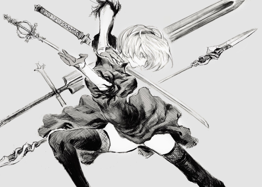 1girl black_dress black_hairband dress floating_weapon gloves grey_background grey_gloves greyscale hairband highres katana lance leaning_forward looking_down monochrome nier_(series) nier_automata otsu_(outsunaruse) parted_lips polearm short_hair solo sword thigh-highs weapon yorha_no._2_type_b