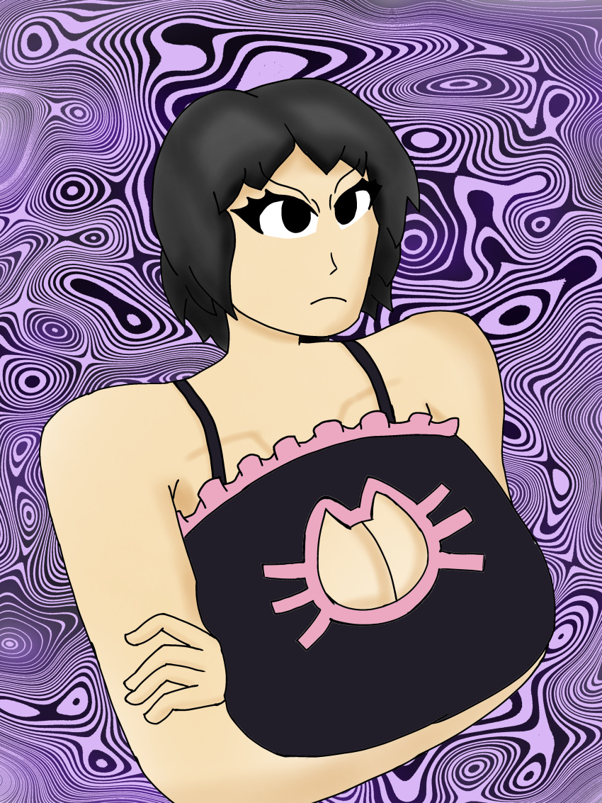 1girl angry arms_crossed arms_under_breasts black_bra black_eyes black_eyeshadow black_hair breasts cat_keyhole_bra cat_lingerie eyebrows_visible_through_hair eyelashes eyeliner no_shirt short_hair thyliq