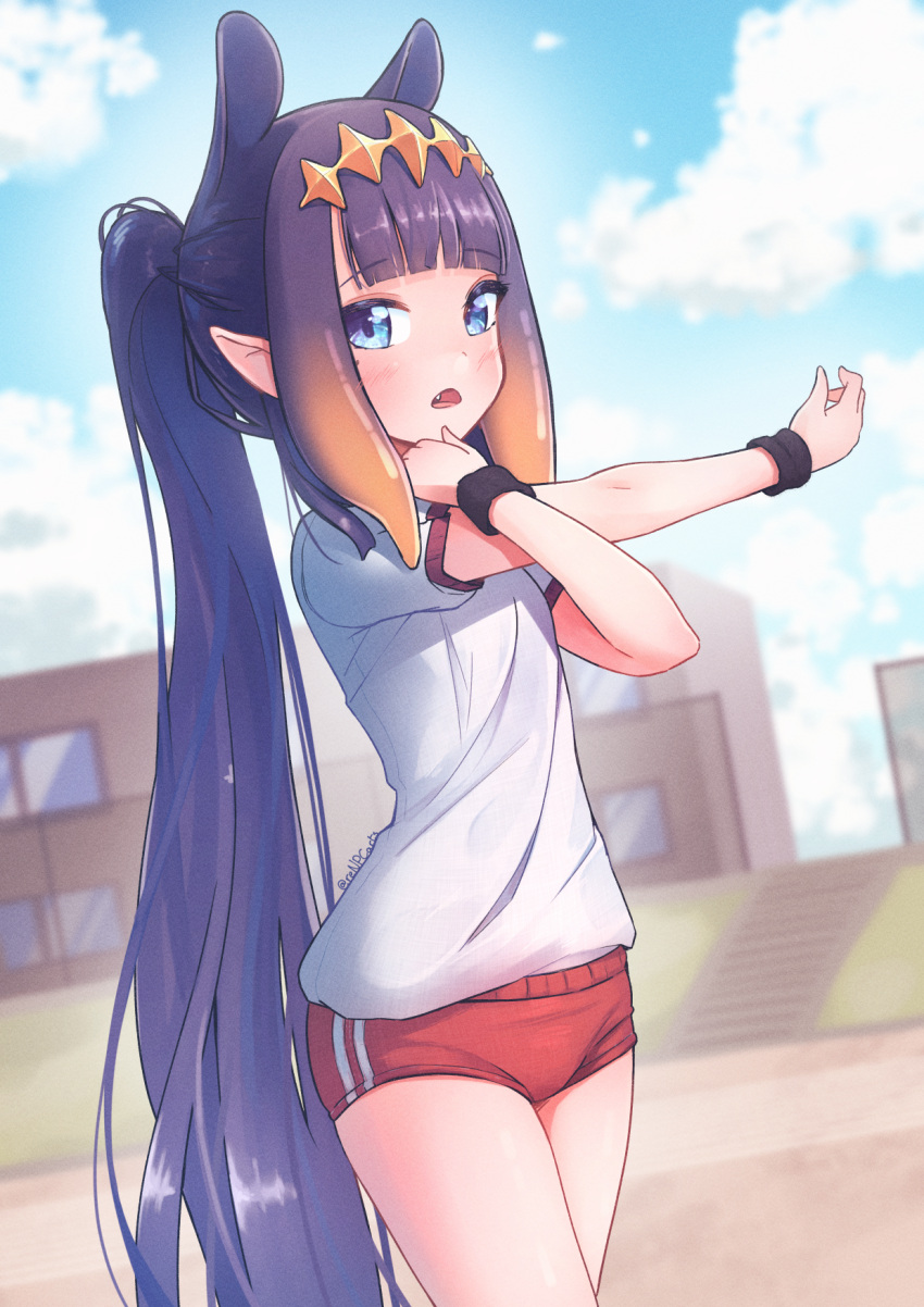 1girl artist_apprentice artist_name bangs blue_eyes blunt_bangs blurry blurry_background blush buruma commentary cowboy_shot day dutch_angle fang gym_uniform hands_up highres hololive hololive_english long_hair looking_at_viewer ninomae_ina'nis open_mouth outdoors outstretched_arm pointy_ears ponytail purple_hair red_shorts shirt short_sleeves shorts solo stretch tentacle_hair tentacles very_long_hair virtual_youtuber white_shirt wristband
