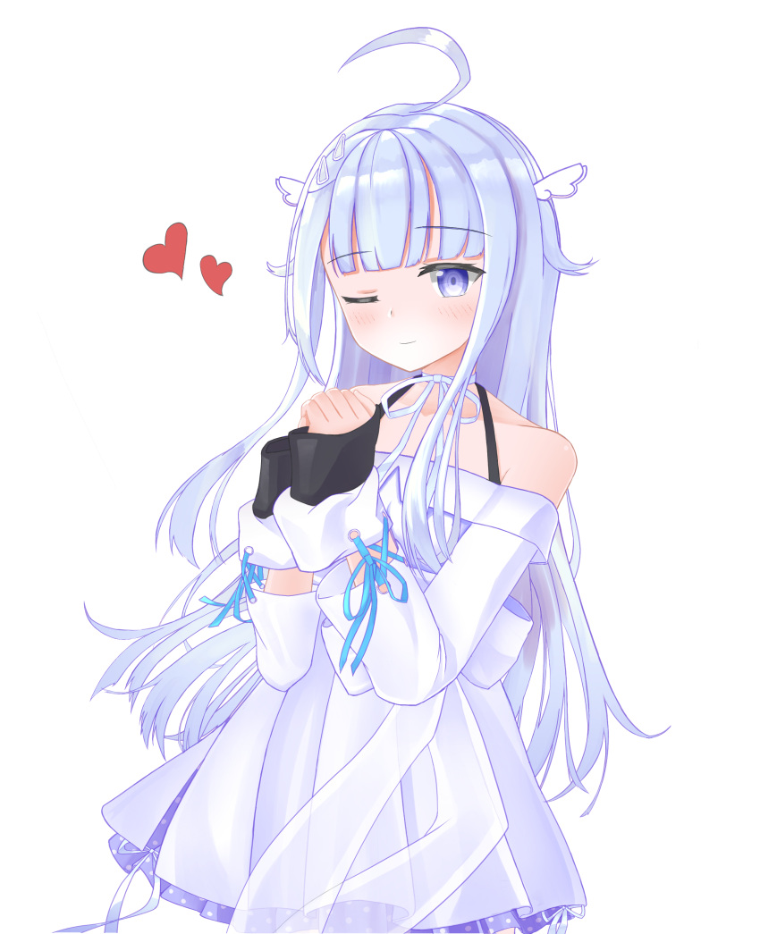 1girl absurdres ahoge amatsuka_uto angel_wings bangs bare_shoulders blue_eyes blue_hair detached_sleeves dhk117 dip-dyed_hair dress eyebrows_visible_through_hair hair_ornament hairclip halter_dress halter_top halterneck heart highres indie_virtual_youtuber long_hair looking_at_viewer off-shoulder_dress off_shoulder one_eye_closed praying ribbon simple_background smile solo twintails upper_body virtual_youtuber wings