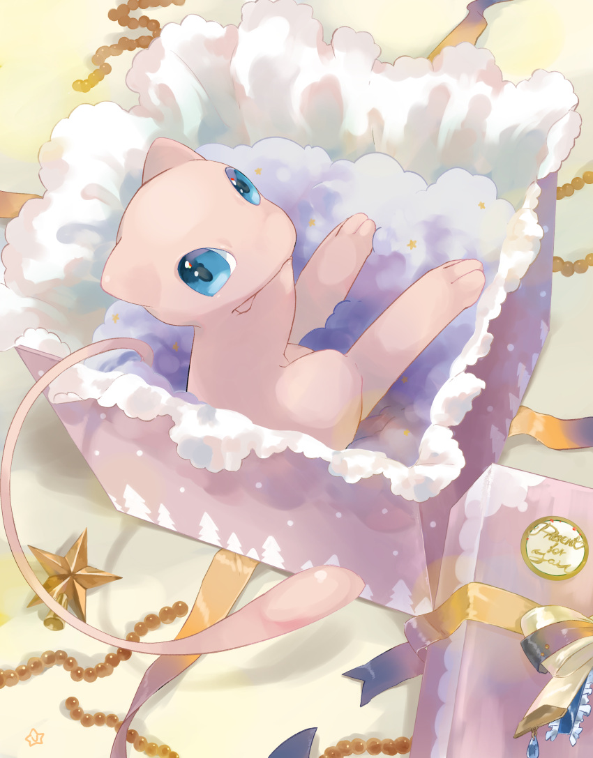 6star_u absurdres blue_eyes box commentary_request from_behind highres in_box in_container looking_at_viewer looking_back mew no_humans pokemon pokemon_(creature) ribbon solo toes