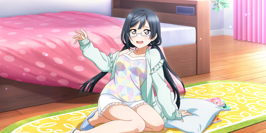 1girl absurdres bangs bed bed_sheet bedroom black_hair blue_sweater blush blush_stickers breasts clock collarbone crooked_eyewear digital_clock dot_nose frilled_shorts frilled_sleeves frills glasses grey-framed_eyewear grey_eyes hiding highres legs long_hair long_sleeves looking_at_viewer love_live! love_live!_nijigasaki_high_school_idol_club love_live!_school_idol_festival_all_stars manga_(object) medium_breasts nakagawa_nana off_shoulder official_art open_mouth pajamas patterned_clothing pillow rug semi-rimless_eyewear shorts sidelocks single_bare_shoulder sitting slippers smile solo strap sweater twintails white_shorts wooden_floor worried yuuki_setsuna_(love_live!)