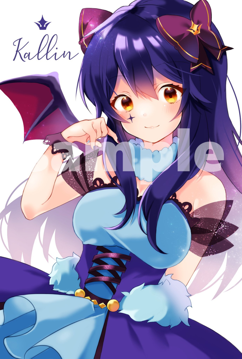 1girl bangs bat_girl bat_wings black_bow blue_dress blue_hair bow breasts character_name commission dress facial_tattoo fur_trim hair_bow highres light_blush looking_at_viewer medium_breasts nanashi_(nanashi_234) sample skeb_commission smile solo sparkle tattoo tsunderia virtual_youtuber watermark white_background wings wrist_cuffs yazaki_kallin yellow_eyes