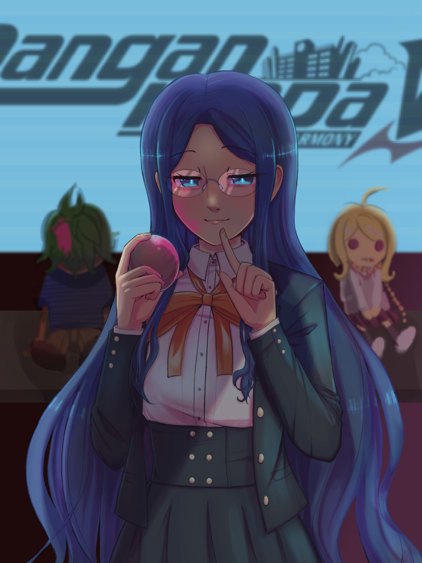 1girl 310v3 amami_rantarou ball bangs black_jacket black_skirt blood blue_eyes blue_hair blurry blurry_background character_doll closed_mouth collared_shirt commentary copyright_name dangan_ronpa_(series) dangan_ronpa_v3:_killing_harmony depth_of_field dress_shirt glasses hands_up highres holding holding_ball jacket long_hair long_sleeves looking_at_viewer pink_blood pleated_skirt ribbon saihara_shuuichi shirogane_tsumugi shirt skirt smile solo spoilers white_shirt