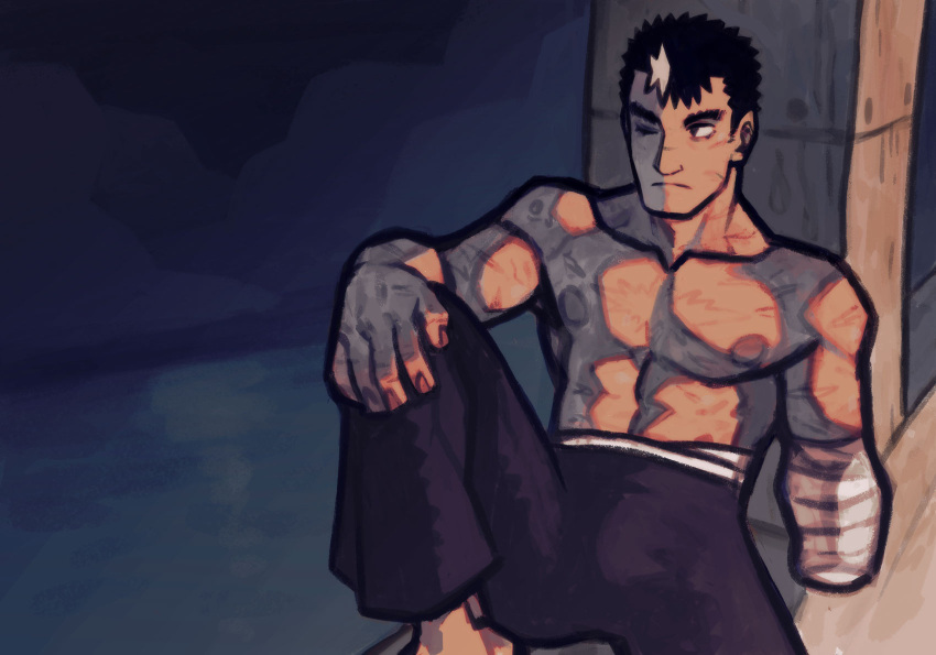 1boy amputee berserk black_hair gunbusted guts_(berserk) highres jbbetz one_eye_closed solo