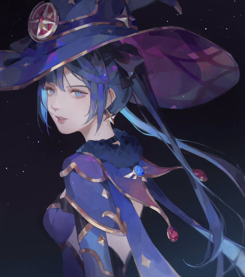 1girl back blue_eyes fantasymg genshin_impact hat highres long_hair looking_at_viewer mona_(genshin_impact) solo star_(symbol) twintails upper_body witch witch_hat