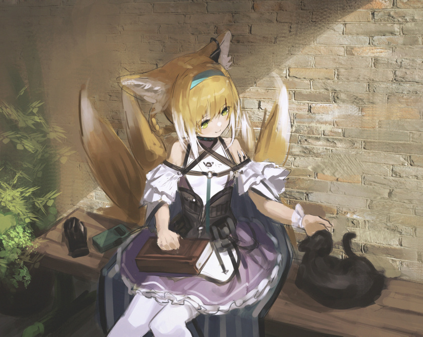 1girl absurdres animal_ear_fluff animal_ears arknights bangs bare_shoulders bench black_cat blonde_hair blue_headband book braid brick_wall cat collar dress earpiece fox_ears fox_tail frilled_dress frills gloves gloves_removed hara_shoutarou headband highres huge_filesize infection_monitor_(arknights) kitsune multiple_tails outdoors pantyhose petting plant pouch sitting smile solo suzuran_(arknights) tactical_clothes tail walkie-talkie white_legwear yellow_eyes