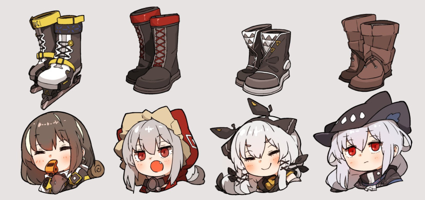 4girls amonitto arknights boots brown_hair earrings fang fur-trimmed_hood fur_trim grey_hair hairband hat highres hood ice_skates jewelry long_hair magallan_(arknights) multiple_girls projekt_red_(arknights) silver_hair skadi_(arknights) skates smile tail weedy_(arknights) whistle