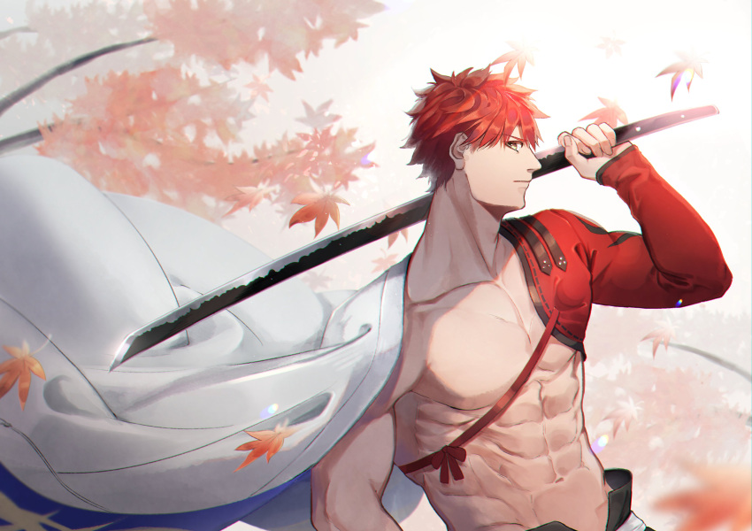 1boy abs absurdres autumn_leaves cape chicken_mura emiya_shirou fate/grand_order fate_(series) highres holding holding_sword holding_weapon igote katana leaf limited/zero_over looking_at_viewer male_focus pectorals redhead sengo_muramasa_(fate) shirtless solo sword upper_body weapon yellow_eyes