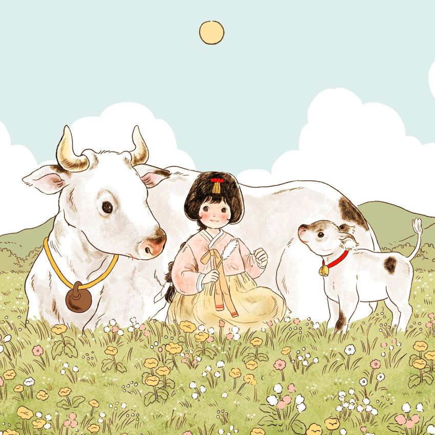 1girl animal bangs black_hair blue_sky blush clouds cloudy_sky cow flower grass highres hill horns long_hair long_sleeves original outdoors parted_lips pink_flower ponytail sitting sky smile solo white_flower yellow_flower yoovora