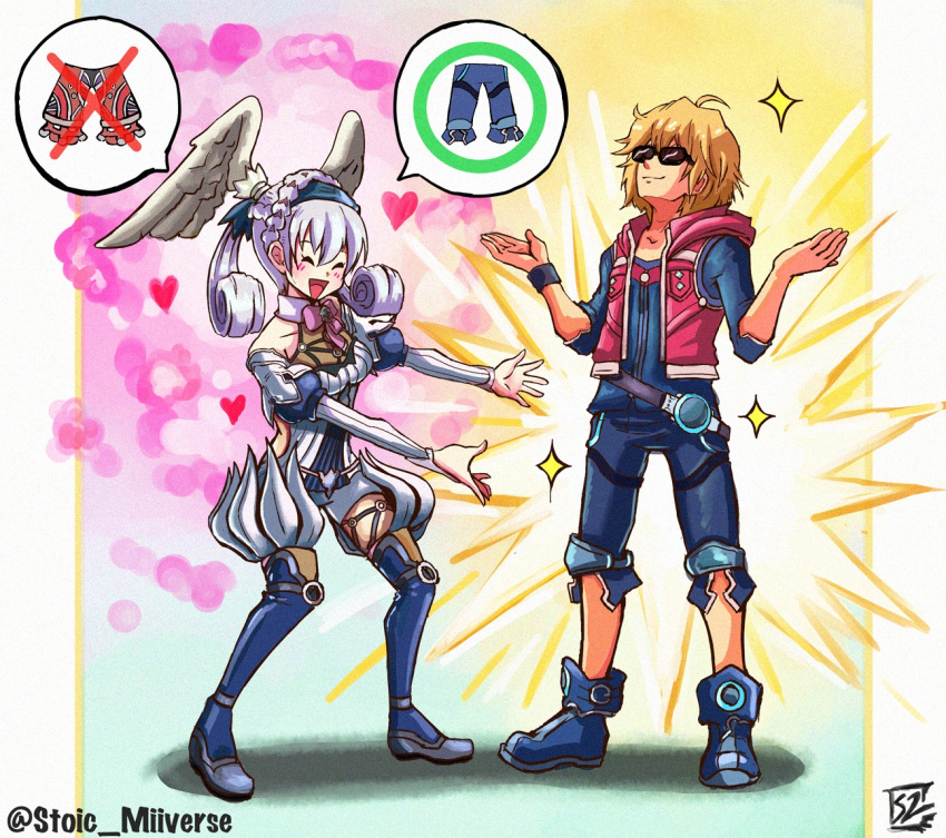 1boy 1girl ahoge blonde_hair braid crown_braid denim dress full_body glasses gloves hat head_wings headband jacket jeans long_hair melia_antiqua pants short_dress short_hair shulk_(xenoblade) silver_hair stoic_seraphim sunglasses thigh-highs white_hair wings xenoblade_chronicles xenoblade_chronicles:_future_connected xenoblade_chronicles_(series)