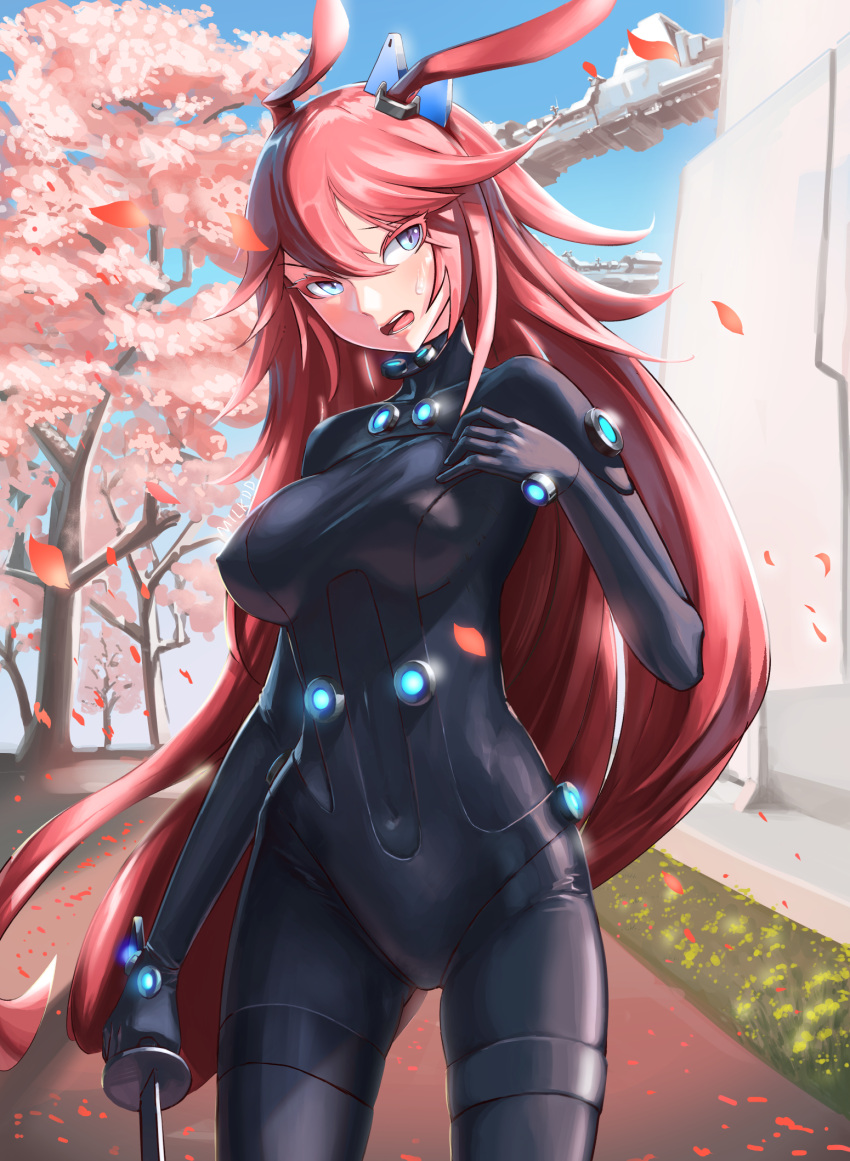 1girl animal_ears blue_eyes bodysuit breasts colored_eyelashes covered_nipples gantz gantz_suit highres honkai_(series) honkai_impact_3rd long_hair medium_breasts milkdd pink_hair rabbit_ears sidelocks sweatdrop sword very_long_hair weapon yae_sakura