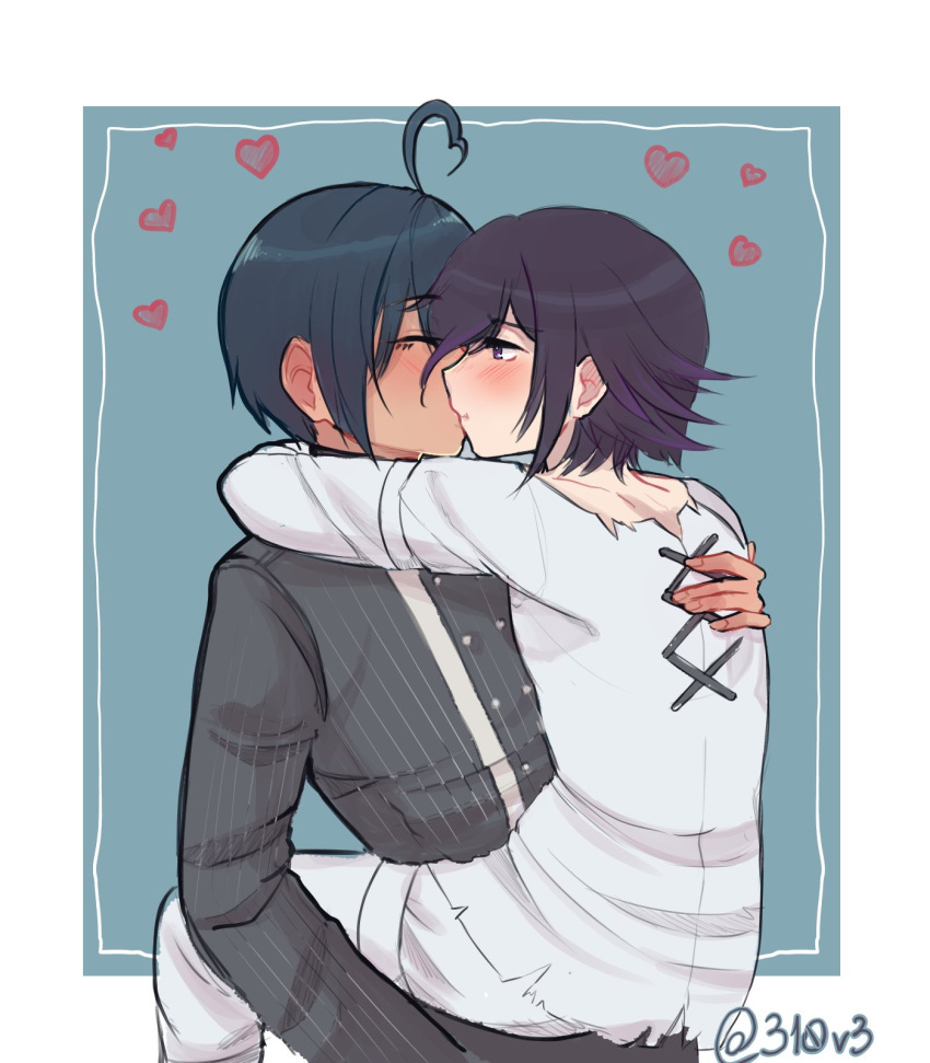 2boys 310v3 ahoge arm_around_neck bangs black_hair black_jacket blush closed_eyes commentary dangan_ronpa_(series) dangan_ronpa_v3:_killing_harmony double-breasted from_side green_background heart heart_ahoge heart_print highres holding_another hug jacket kiss long_sleeves male_focus multicolored_hair multiple_boys ouma_kokichi purple_hair saihara_shuuichi shirt short_hair shounen_ai straitjacket striped_jacket two-tone_hair white_background white_jacket yaoi