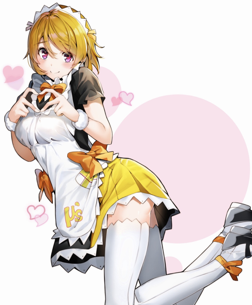 1girl blonde_hair bow bowtie brown_hair closed_mouth commentary_request eyebrows_visible_through_hair heart heart-shaped_pupils heart_hands highres koizumi_hanayo looking_at_viewer love_live! love_live!_school_idol_project maid maid_headdress mogyutto_"love"_de_sekkin_chuu! nakano_maru orange_neckwear pink_eyes short_hair smile solo symbol-shaped_pupils thigh-highs thighs white_background white_legwear