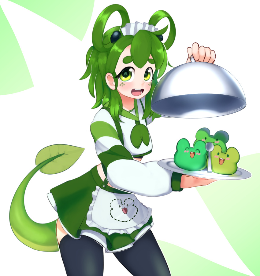 1girl :d apron black_legwear blush commentary cowboy_shot english_commentary freckles frog green_eyes green_hair green_neckwear highres holding lily_(chey) long_sleeves looking_at_viewer maid maid_headdress medium_hair neckerchief open_mouth original serving_dome shirt smile solo spoon symbol-shaped_pupils tail thigh-highs tray waist_apron white_apron yoako