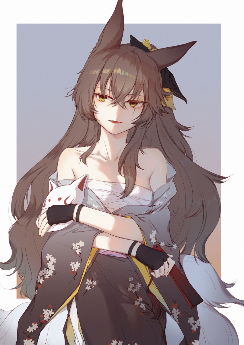 1girl absurdres animal_ears bangs bare_shoulders black_gloves brown_hair collarbone fan fingerless_gloves fox_ears fox_girl fox_mask fox_tail girls_frontline gloves highres japanese_clothes kemonomimi_mode kimono kyuubi long_hair mask multiple_tails parted_lips sarashi scar scar_across_eye silence_(pixiv18541142) solo tail ump45_(girls_frontline) very_long_hair yellow_eyes