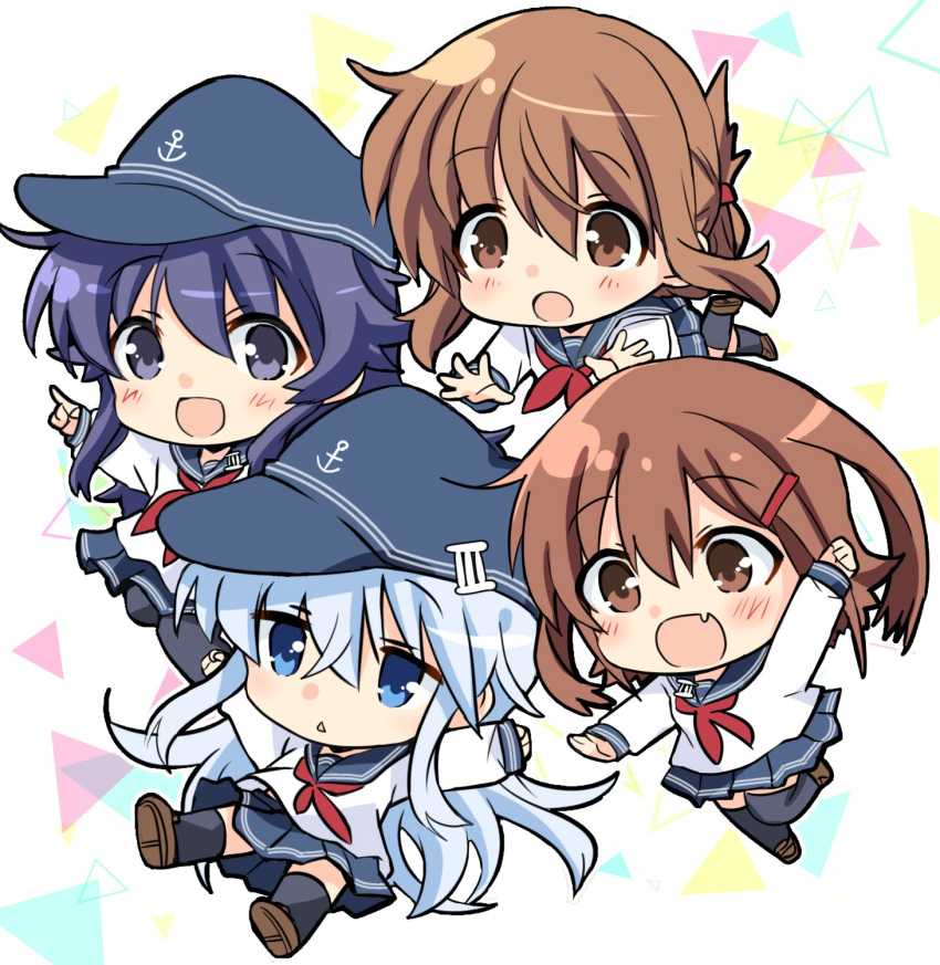 4girls akatsuki_(kantai_collection) anchor_symbol black_hair black_headwear black_legwear blue_eyes blue_sailor_collar blue_skirt brown_eyes chibi commentary_request flat_cap folded_ponytail grey_eyes hat hibiki_(kantai_collection) highres hizuki_yayoi ikazuchi_(kantai_collection) inazuma_(kantai_collection) kantai_collection kneehighs long_hair multiple_girls neckerchief noumi_kudryavka pantyhose pleated_skirt red_neckwear sailor_collar school_uniform serafuku shirt short_hair silver_hair skirt thigh-highs white_background white_shirt