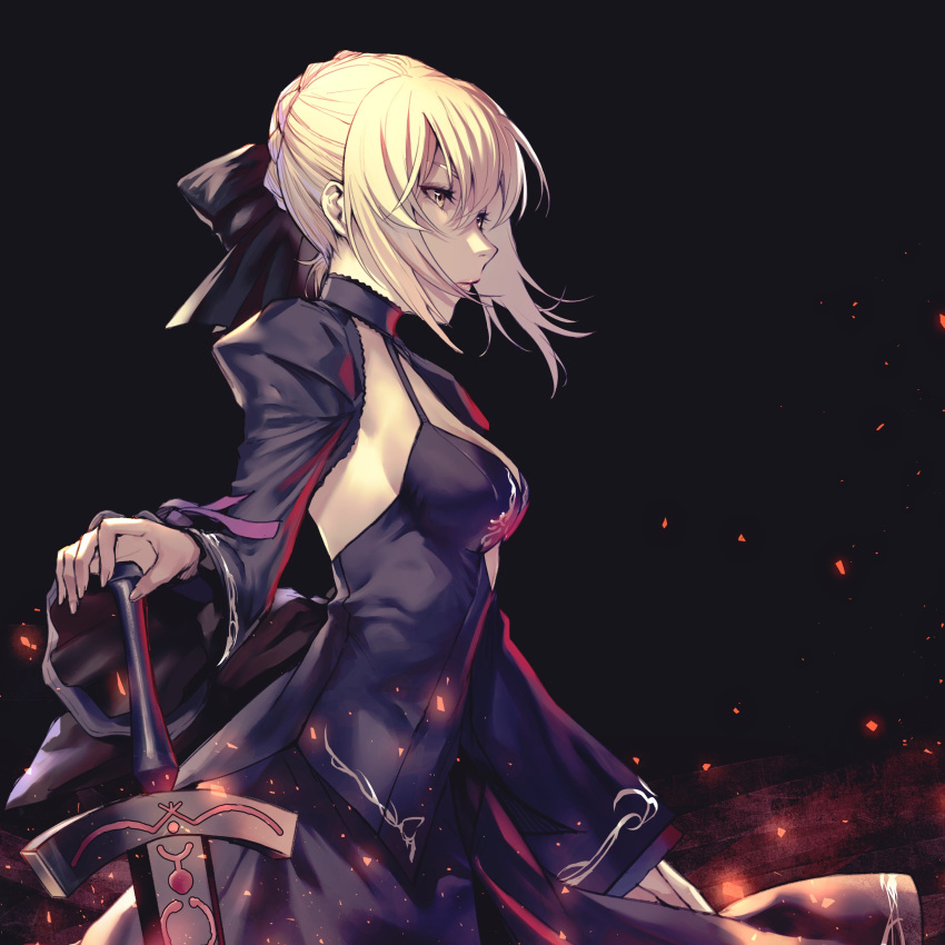 1girl absurdres applekun artoria_pendragon_(all) black_background black_ribbon blonde_hair braid cowboy_shot excalibur_morgan fate/grand_order fate_(series) french_braid from_side hair_between_eyes highres juliet_sleeves long_sleeves puffy_sleeves ribbon saber_alter shrug_(clothing) solo yellow_eyes