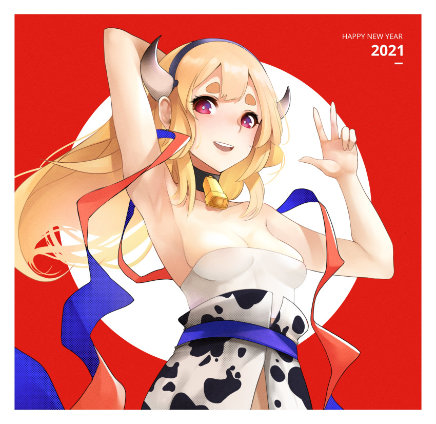 1girl 2021 absurdres animal_print armpits bell bell_collar blonde_hair breasts collar cow_horns cow_print fake_horns happy_new_year highres horns long_hair looking_at_viewer new_year noir_(4chan) obi open_mouth orange_ribbon original pink_eyes red_background ribbon round_teeth sash short_eyebrows small_breasts strapless teeth thick_eyebrows tubetop