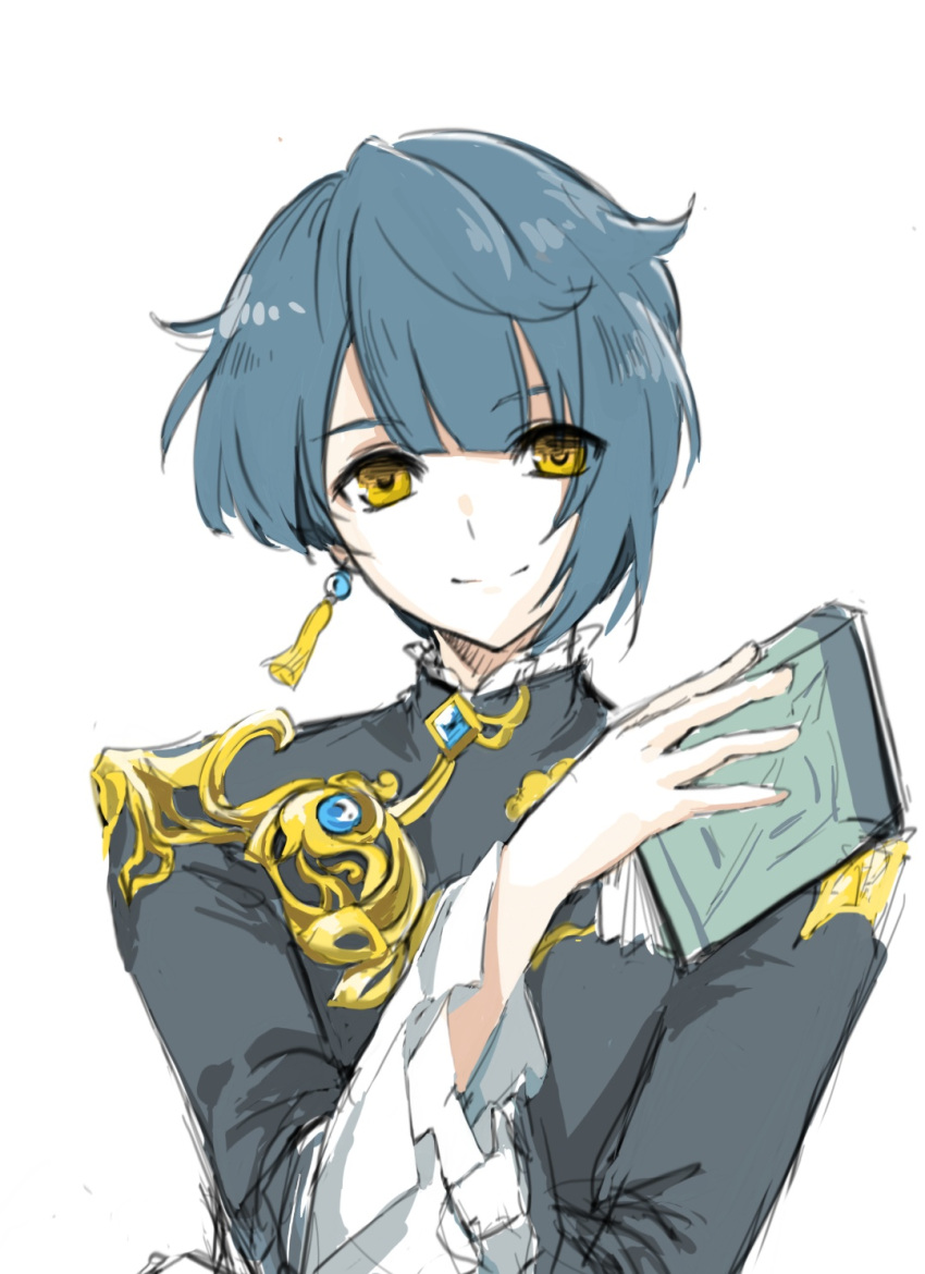 1boy 24_(4071716) bangs black_jacket blue_hair book chinese_clothes closed_mouth earrings eyebrows_visible_through_hair frilled_shirt_collar frilled_sleeves frills genshin_impact highres holding holding_book jacket jewelry long_sleeves looking_at_viewer male_focus otoko_no_ko short_hair simple_background single_earring smile solo white_background xingqiu_(genshin_impact) yellow_eyes