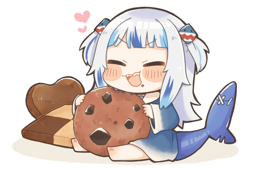 1girl :d bangs barefoot blue_hair blush chibi closed_eyes cookie facing_viewer food gawr_gura hair_ornament heart highres hololive hololive_english multicolored_hair open_mouth same_anko shark_tail sitting smile solo tail