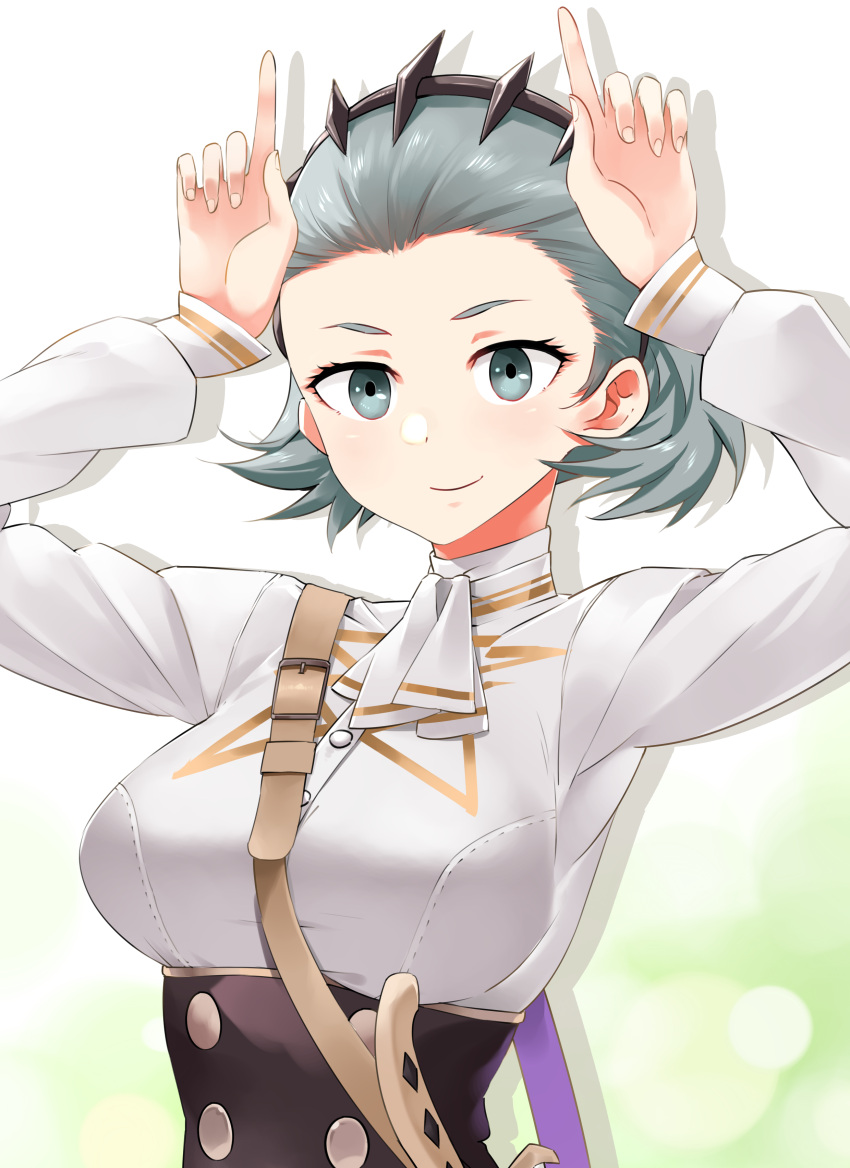 1girl absurdres arms_up breasts closed_mouth commission commissioner_upload cosplay fire_emblem fire_emblem:_three_houses fire_emblem_fates garreg_mach_monastery_uniform grey_eyes grey_hair hairband highres igni_tion looking_at_viewer petra_macneary petra_macneary_(cosplay) simple_background smile sophie_(fire_emblem) upper_body