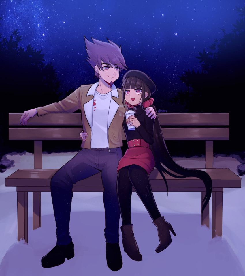 1boy 1girl 310v3 :d alternate_costume ankle_boots bangs bench black_footwear black_legwear blunt_bangs boots brown_jacket commentary commission couple dangan_ronpa_(series) dangan_ronpa_v3:_killing_harmony eyebrows_visible_through_hair facial_hair full_body hair_ornament hair_scrunchie hand_on_another's_hip hand_on_another's_shoulder harukawa_maki hetero high_heel_boots high_heels highres jacket long_hair looking_at_another low_twintails mole mole_under_eye momota_kaito night night_sky open_mouth outdoors pants pencil_skirt pink_hair purple_hair purple_pants red_scrunchie red_skirt scrunchie shirt shoes sitting skirt sky smile spiky_hair star_(sky) starry_sky tree twintails twitter_username white_shirt wooden_bench