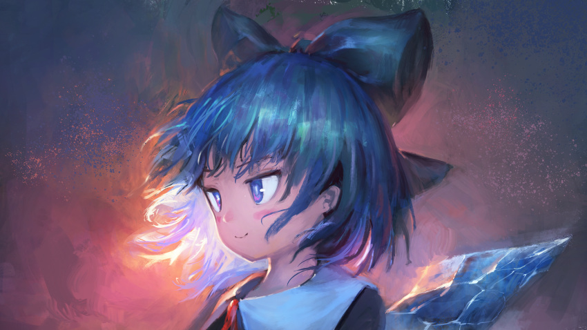 1girl abstract_background bangs blue_dress blue_eyes blue_hair blush_stickers bow bright_pupils cirno commentary dress fjsmu from_side gradient gradient_background hair_bow highres looking_to_the_side red_background red_neckwear red_ribbon ribbon shirt short_hair smile solo touhou upper_body white_pupils white_shirt wings