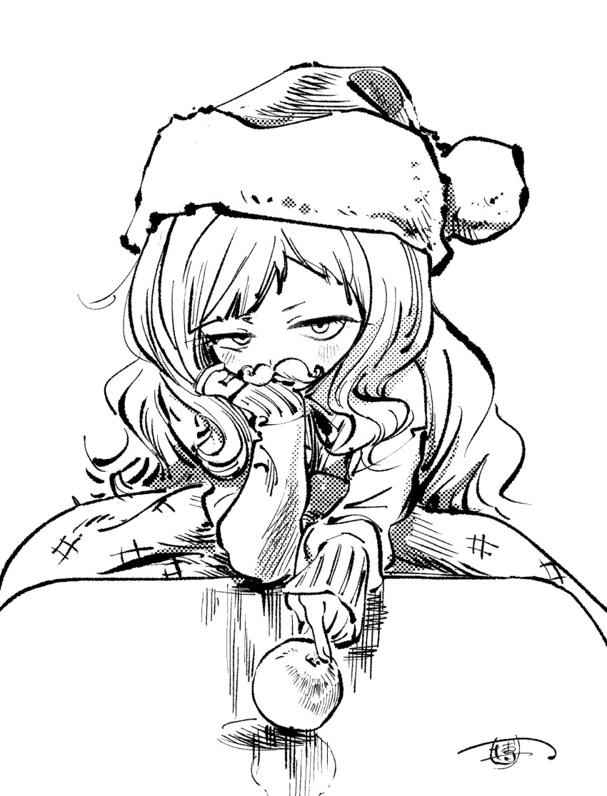 1girl bangs character_request copyright_request eyebrows_visible_through_hair food fruit greyscale hat highres hiro_(dismaless) kotatsu long_eyelashes long_hair long_sleeves looking_at_viewer monochrome santa_hat signature solo table