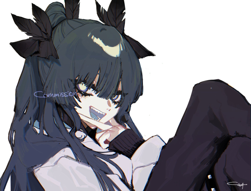 1girl artemis_of_the_blue atelier_live bangs black_hair blue_eyes blue_tongue commission comori eyebrows_behind_hair grey_hoodie highres hood hoodie looking_to_the_side open_mouth ponytail sharp_teeth signature skeb_commission solo teeth tied_hair v virtual_youtuber white_background