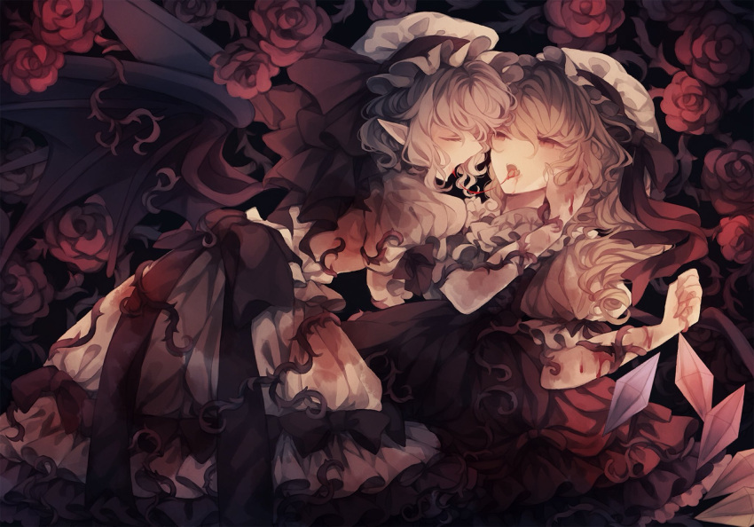 2girls bat_wings blonde_hair blood_trail crystal dress eyebrows_behind_hair feet_out_of_frame flandre_scarlet floral_background flower hair_between_eyes hands_up hat hat_ribbon highres incest long_hair looking_at_another lying lying_on_person mob_cap multiple_girls on_back one_side_up pointy_ears profile puffy_short_sleeves puffy_sleeves purple_hair red_dress red_eyes red_flower red_ribbon remilia_scarlet ribbon rose short_hair short_sleeves siblings sisters tongue tongue_out touhou wavy_hair white_dress white_headwear wings wiriam07