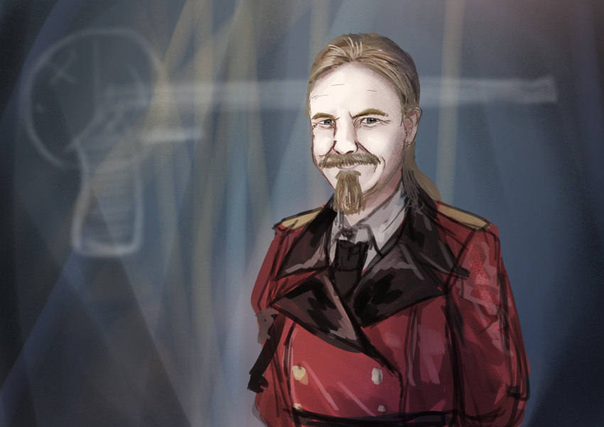 1boy absurdres blonde_hair epaulettes facial_hair girls_frontline goatee highres ian_mccollum jacket looking_at_viewer martinreaction military military_uniform mustache real_life red_jacket short_hair smile solo uniform upper_body