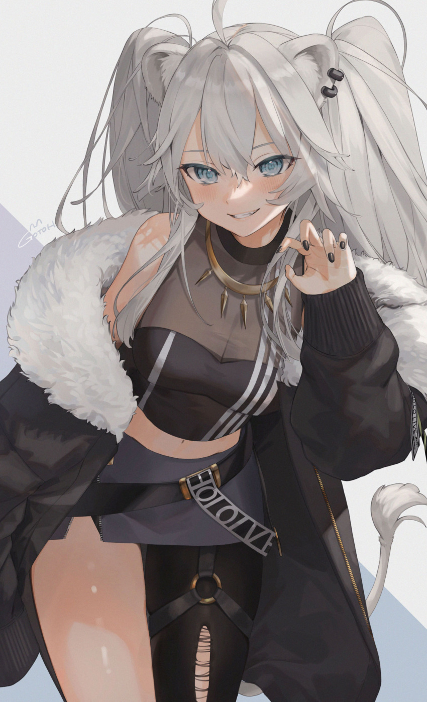 1girl ahoge animal_ears bare_shoulders black_jacket black_legwear black_nails black_shirt claw_pose commentary_request cowboy_shot crop_top fur-trimmed_jacket fur_trim gotoh510 grey_eyes grey_skirt grin hand_up highres hololive jacket jewelry lion_ears long_hair looking_at_viewer midriff miniskirt nail_polish navel necklace o-ring off_shoulder shirt shishiro_botan silver_hair single_leg_pantyhose skirt smile solo standing thighs two_side_up virtual_youtuber