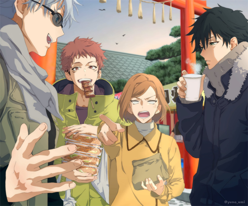 1girl 3boys bag bangs black_hair black_jacket blank_eyes blue_eyes brown_eyes brown_hair cup day facial_mark food fushiguro_megumi gojou_satoru green_eyes green_jacket grey_scarf hair_between_eyes highres holding holding_bag holding_cup itadori_yuuji jacket jujutsu_kaisen kugisaki_nobara long_sleeves looking_at_another mouth_hold multiple_boys open_mouth outdoors pointing_at_another profile scarf shirt short_hair skewer smile steam sunglasses swept_bangs torii twitter_username upper_body v-shaped_eyebrows washiko_(rasuko) white_hair yakisoba yellow_shirt