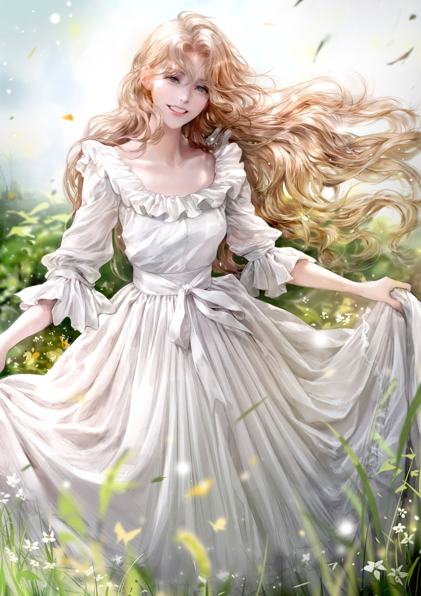 1girl absurdres belt blonde_hair bm94199241 collarbone commentary_request curtsey day dress field flower flower_field frilled_dress frills grin highres korean_commentary lips long_dress looking_at_viewer making-of_available original outdoors pale_skin sidelighting smile solo white_belt white_dress wind wind_lift