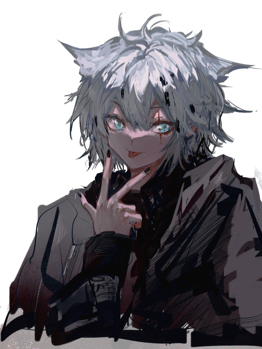 1girl :p ambience_synesthesia animal_ears arknights black_jacket black_nails blue_eyes closed_mouth cropped_torso highres jacket lappland_(ambience_synesthesia)_(arknights) lappland_(arknights) long_sleeves looking_at_viewer naijiaer nail_polish official_alternate_costume scar scar_across_eye short_hair silver_hair simple_background smile solo tongue tongue_out upper_body v white_background wolf_ears