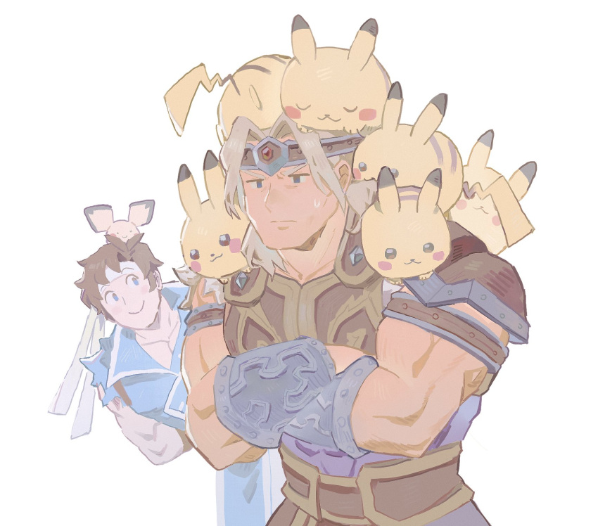 2boys akiyoku armor blonde_hair blue_eyes brown_hair castlevania castlevania:_rondo_of_blood gen_1_pokemon gen_2_pokemon headband highres hug multiple_boys muscular pichu pikachu pokemon pokemon_(creature) pokemon_(game) richter_belmont short_hair simon_belmont simple_background sleeping smile super_smash_bros. white_background