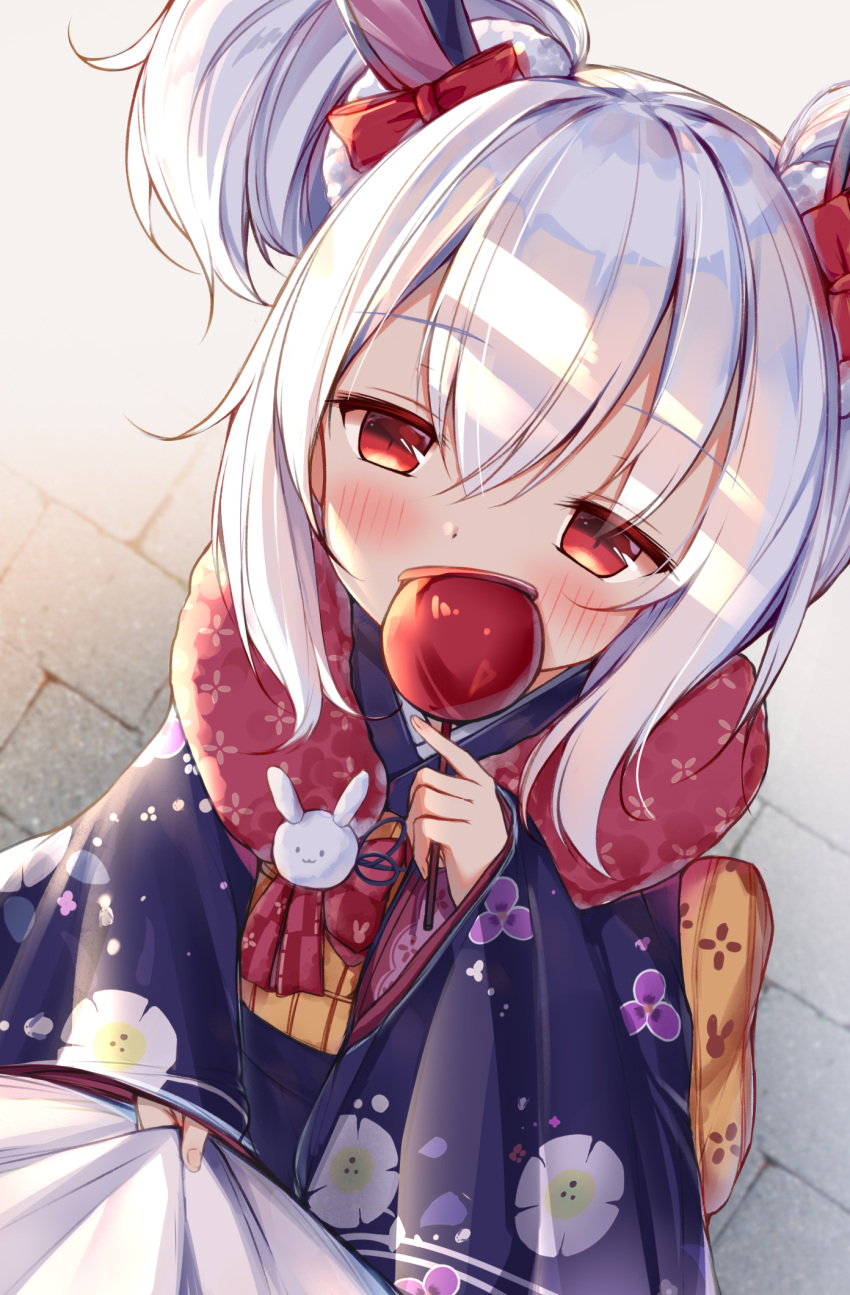 1boy 1girl azur_lane bangs blurry blush bow candy_apple clothes_grab commander_(azur_lane) commentary_request covered_mouth depth_of_field double_bun eyebrows_visible_through_hair eyes_visible_through_hair food from_above fur_scarf hair_between_eyes hair_bow hair_ornament hairband highres holding irokari japanese_clothes kimono laffey_(snow_rabbit_and_candied_apple)_(azur_lane) long_hair long_sleeves looking_at_viewer looking_up military military_uniform naval_uniform obi pov red_eyes sash shade sidelocks twintails uniform white_hair wide_sleeves