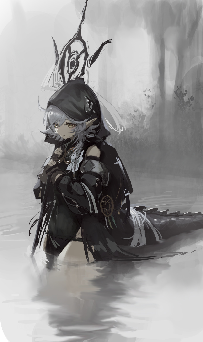 1girl absurdres ahoge arknights bangs black_gloves closed_mouth crocodilian_tail detached_sleeves dream_catcher eyebrows_visible_through_hair fog gloves goggles goggles_around_neck grey_hair hara_shoutarou highres holding holding_staff hood hood_up large_tail outdoors partially_fingerless_gloves partially_submerged pointy_ears solo staff tail tomimi_(arknights) water yellow_eyes